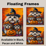 Lhasa Apso Dog Halloween Canvas Wall Art with Witch Hat and Pumpkins Rustic Fall Farmhouse Thanksgiving Decor on Ready to Hang 1.5" Thick Canvas Wrap, Floating Framed Canvas, Flat Rolled Canvas