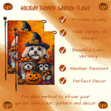 Lhasa Apso Wearing Witch Hat with Pumpkins Halloween Garden Flag for Outside Front Door Lawn Porch Patio Welcome Outdoor Fall Decoration for Thanksgiving Party