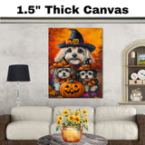 Lhasa Apso Dog Halloween Canvas Wall Art with Witch Hat and Pumpkins Rustic Fall Farmhouse Thanksgiving Decor on Ready to Hang 1.5" Thick Canvas Wrap, Floating Framed Canvas, Flat Rolled Canvas