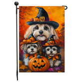 Lhasa Apso Wearing Witch Hat with Pumpkins Halloween Garden Flag for Outside Front Door Lawn Porch Patio Welcome Outdoor Fall Decoration for Thanksgiving Party