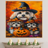 Lhasa Apso Dog Halloween Canvas Wall Art with Witch Hat and Pumpkins Rustic Fall Farmhouse Thanksgiving Decor on Ready to Hang 1.5" Thick Canvas Wrap, Floating Framed Canvas, Flat Rolled Canvas