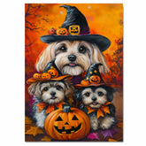 Lhasa Apso Dog Halloween Canvas Wall Art with Witch Hat and Pumpkins Rustic Fall Farmhouse Thanksgiving Decor on Ready to Hang 1.5" Thick Canvas Wrap, Floating Framed Canvas, Flat Rolled Canvas