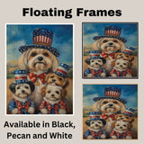Mother Lhasa Apso and Three Puppies Wearing Patriotic Star Hats and Red Bow Ties Posed Outdoors Under a Blue Sky on Ready to Hang 1.5" Thick Canvas Wrap, Floating Framed Canvas, Flat Rolled Canvas