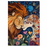 Fantasy Lion Couple with Floral Dreams Vibrant Wildlife Artwork for Animal Lovers and Boho Home Decor on Ready to Hang 1.5" Thick Canvas Wrap, Floating Framed Canvas, Flat Rolled Canvas