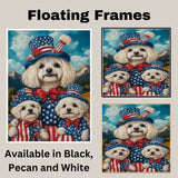 Mother Maltese Dog and Three Puppies in Patriotic Outfits with Star Hats and Red Bows Against Mountain Landscape on Ready to Hang 1.5" Thick Canvas Wrap, Floating Framed Canvas, Flat Rolled Canvas