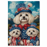 Mother Maltese Dog and Three Puppies in Patriotic Outfits with Star Hats and Red Bows Against Mountain Landscape on Ready to Hang 1.5" Thick Canvas Wrap, Floating Framed Canvas, Flat Rolled Canvas