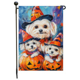 Maltese Dog Witch Hat Pumpkin Lantern Garden Flag Banner for Patio Party Fall Outdoor Decoration for Porch Lawn Pathway Dog Lovers Holiday Gift for Halloween