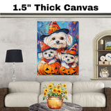Maltese Dog Halloween Canvas Wall Art with Witch Hat and Pumpkin Rustic Fall Farmhouse Decor for Autumn on Ready to Hang 1.5" Thick Canvas Wrap, Floating Framed Canvas, Flat Rolled Canvas