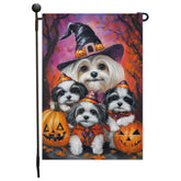 Halloween Garden Flag Malti Tzu Dog Pumpkin Witch Hat Pet Yard Flag for Fall Decor Porch Banner Spooky Holiday Seasonal Lawn Sign for Autumn Farmhouse