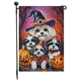 Halloween Garden Flag Malti Tzu Dog Pumpkin Witch Hat Pet Yard Flag for Fall Decor Porch Banner Spooky Holiday Seasonal Lawn Sign for Autumn Farmhouse