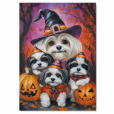 Malti Tzu Dog Halloween Canvas Wall Art with Pumpkins Rustic Fall Farmhouse Decor for Cozy Autumn Homes and Pet Lovers on Ready to Hang 1.5" Thick Canvas Wrap, Floating Framed Canvas, Flat Rolled Canvas