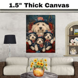 Mother Old English Sheepdog and Three Puppies in Patriotic Outfits on Red Chair with American Flag Hats on Ready to Hang 1.5" Thick Canvas Wrap, Floating Framed Canvas, Flat Rolled Canvas