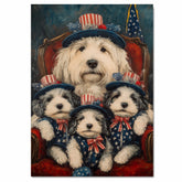 Mother Old English Sheepdog and Three Puppies in Patriotic Outfits on Red Chair with American Flag Hats on Ready to Hang 1.5" Thick Canvas Wrap, Floating Framed Canvas, Flat Rolled Canvas