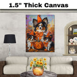 Fall Halloween Papillon Dog Canvas Artwork with Pumpkins Rustic Thanksgiving Wall Decor for Farmhouse and Pet Lovers on Ready to Hang 1.5" Thick Canvas Wrap, Floating Framed Canvas, Flat Rolled Canvas