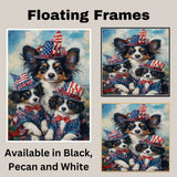 Patriotic Papillon Dogs in American Flag Hats and Suits Celebrating Independence Day with Fireworks and Flowers on Ready to Hang 1.5" Thick Canvas Wrap, Floating Framed Canvas, Flat Rolled Canvas