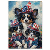 Patriotic Papillon Dogs in American Flag Hats and Suits Celebrating Independence Day with Fireworks and Flowers on Ready to Hang 1.5" Thick Canvas Wrap, Floating Framed Canvas, Flat Rolled Canvas