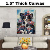 Patriotic Papillon Dogs in American Flag Hats and Suits Celebrating Independence Day with Fireworks and Flowers on Ready to Hang 1.5" Thick Canvas Wrap, Floating Framed Canvas, Flat Rolled Canvas