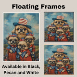 Adorable Pekingese Dogs in Patriotic Outfits Celebrating Fourth of July with American Flag Hats and Starry Dresses on Ready to Hang 1.5" Thick Canvas Wrap, Floating Framed Canvas, Flat Rolled Canvas