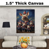 Patriotic Pig Family Dressed in American Flag Outfits with Hats and Bowties Celebrating Independence Day with Joy on Ready to Hang 1.5" Thick Canvas Wrap, Floating Framed Canvas, Flat Rolled Canvas
