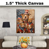 Patriotic Pitbull Dog Family in Stars and Stripes Outfits with Hats and Bandanas Celebrating Fourth of July on Ready to Hang 1.5" Thick Canvas Wrap, Floating Framed Canvas, Flat Rolled Canvas