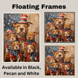 Patriotic Pitbull Dog Family in Stars and Stripes Outfits with Hats and Bandanas Celebrating Fourth of July on Ready to Hang 1.5" Thick Canvas Wrap, Floating Framed Canvas, Flat Rolled Canvas