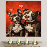 Pitbull Dog Couple with Hearts Romantic Pet Artwork for Dog Lovers and Cozy Rustic Home Decor on Ready to Hang 1.5" Thick Canvas Wrap, Floating Framed Canvas, Flat Rolled Canvas