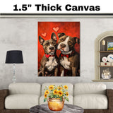 Pitbull Dog Couple with Hearts Romantic Pet Artwork for Dog Lovers and Cozy Rustic Home Decor on Ready to Hang 1.5" Thick Canvas Wrap, Floating Framed Canvas, Flat Rolled Canvas