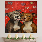 Pitbull Dog Couple with Hanging Hearts Playful Romantic Artwork for Dog Lovers and Rustic Cozy Home Decor on Ready to Hang 1.5" Thick Canvas Wrap, Floating Framed Canvas, Flat Rolled Canvas