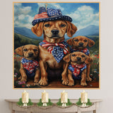 Patriotic Plott Hound Dog Family in American Flag Bandanas and Hats Celebrating Independence Day in Scenic Mountains on Ready to Hang 1.5" Thick Canvas Wrap, Floating Framed Canvas, Flat Rolled Canvas