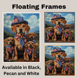 Patriotic Plott Hound Dog Family in American Flag Bandanas and Hats Celebrating Independence Day in Scenic Mountains on Ready to Hang 1.5" Thick Canvas Wrap, Floating Framed Canvas, Flat Rolled Canvas