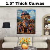 Patriotic Plott Hound Dog Family in American Flag Bandanas and Hats Celebrating Independence Day in Scenic Mountains on Ready to Hang 1.5" Thick Canvas Wrap, Floating Framed Canvas, Flat Rolled Canvas