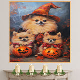 Halloween Pomeranian Dog Wall Art with Pumpkins Rustic Fall Canvas for Farmhouse Home Decor and Dog Lover Gifts on Ready to Hang 1.5" Thick Canvas Wrap, Floating Framed Canvas, Flat Rolled Canvas