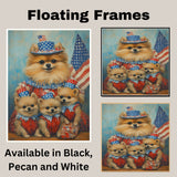 Adorable Pomeranian Dog Family in Red White and Blue Outfits Celebrating Fourth of July with American Flags and Star Hats on Ready to Hang 1.5" Thick Canvas Wrap, Floating Framed Canvas, Flat Rolled Canvas