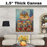 Adorable Pomeranian Dog Family in Red White and Blue Outfits Celebrating Fourth of July with American Flags and Star Hats on Ready to Hang 1.5" Thick Canvas Wrap, Floating Framed Canvas, Flat Rolled Canvas