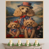 Poodle Dog Family in Patriotic American Flag Outfits and Hats by River and Mountains for Fourth of July Celebration on Ready to Hang 1.5" Thick Canvas Wrap, Floating Framed Canvas, Flat Rolled Canvas