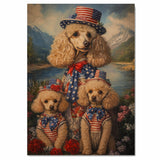 Poodle Dog Family in Patriotic American Flag Outfits and Hats by River and Mountains for Fourth of July Celebration on Ready to Hang 1.5" Thick Canvas Wrap, Floating Framed Canvas, Flat Rolled Canvas