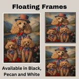 Poodle Dog Family in Patriotic American Flag Outfits and Hats by River and Mountains for Fourth of July Celebration on Ready to Hang 1.5" Thick Canvas Wrap, Floating Framed Canvas, Flat Rolled Canvas