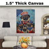 Pug Dog Family in Patriotic Outfits and Hats with American Flag Backdrop for Fourth of July Celebration on Ready to Hang 1.5" Thick Canvas Wrap, Floating Framed Canvas, Flat Rolled Canvas