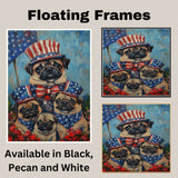 Pug Dog Family in Patriotic Outfits and Hats with American Flag Backdrop for Fourth of July Celebration on Ready to Hang 1.5" Thick Canvas Wrap, Floating Framed Canvas, Flat Rolled Canvas