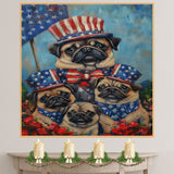 Pug Dog Family in Patriotic Outfits and Hats with American Flag Backdrop for Fourth of July Celebration on Ready to Hang 1.5" Thick Canvas Wrap, Floating Framed Canvas, Flat Rolled Canvas