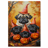 Rustic Pug Dog Halloween Canvas Wall Art with Pumpkins and Fall Lights Cozy Autumn Farmhouse Decor for Pet Lovers and Dog Moms on Ready to Hang 1.5" Thick Canvas Wrap, Floating Framed Canvas, Flat Rolled Canvas