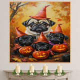 Rustic Pug Dog Halloween Canvas Wall Art with Pumpkins and Fall Lights Cozy Autumn Farmhouse Decor for Pet Lovers and Dog Moms on Ready to Hang 1.5" Thick Canvas Wrap, Floating Framed Canvas, Flat Rolled Canvas