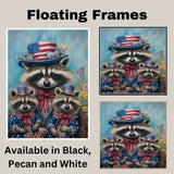 Patriotic Raccoon Family in American Flag Outfits and Hats with Flowers and Flags for Fourth of July Celebration on Ready to Hang 1.5" Thick Canvas Wrap, Floating Framed Canvas, Flat Rolled Canvas
