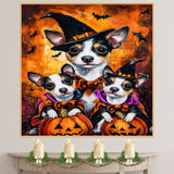 Rat Terrier Dog Halloween Canvas Wall Art with Pumpkins and Bats Rustic Fall Farmhouse Decor for Cozy Autumn Homes on Ready to Hang 1.5" Thick Canvas Wrap, Floating Framed Canvas, Flat Rolled Canvas