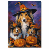 Rustic Rough Collie Dog Halloween Wall Art Canvas with Pumpkins Witch Hat and Fall Leaves Autumn Farmhouse Pet Decor for Home and Dog Lovers on Ready to Hang 1.5" Thick Canvas Wrap, Floating Framed Canvas, Flat Rolled Canvas