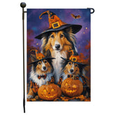 Rough Collie Witch Hat Dog Yard Flag for Halloween Decor Outdoor Lawn Welcome Flag for Garden Pumpkin Outdoor Banner Spooky Yard Decoration for Fall