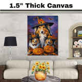 Rustic Rough Collie Dog Halloween Wall Art Canvas with Pumpkins Witch Hat and Fall Leaves Autumn Farmhouse Pet Decor for Home and Dog Lovers on Ready to Hang 1.5" Thick Canvas Wrap, Floating Framed Canvas, Flat Rolled Canvas
