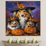 Rustic Rough Collie Dog Halloween Wall Art Canvas with Pumpkins Witch Hat and Fall Leaves Autumn Farmhouse Pet Decor for Home and Dog Lovers on Ready to Hang 1.5" Thick Canvas Wrap, Floating Framed Canvas, Flat Rolled Canvas
