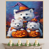 Samoyed Dog Halloween Wall Art Rustic Fall Canvas with Pumpkins Witch Hats and Autumn Leaves Farmhouse Pet Decor for Home or Bathroom on Ready to Hang 1.5" Thick Canvas Wrap, Floating Framed Canvas, Flat Rolled Canvas
