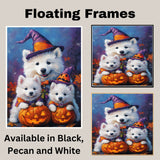 Samoyed Dog Halloween Wall Art Rustic Fall Canvas with Pumpkins Witch Hats and Autumn Leaves Farmhouse Pet Decor for Home or Bathroom on Ready to Hang 1.5" Thick Canvas Wrap, Floating Framed Canvas, Flat Rolled Canvas